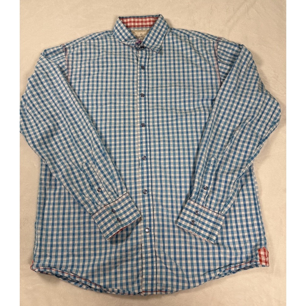 Mens Large Western Snap Shirt Blue White Plaid Pearl Snap Cotton Casual